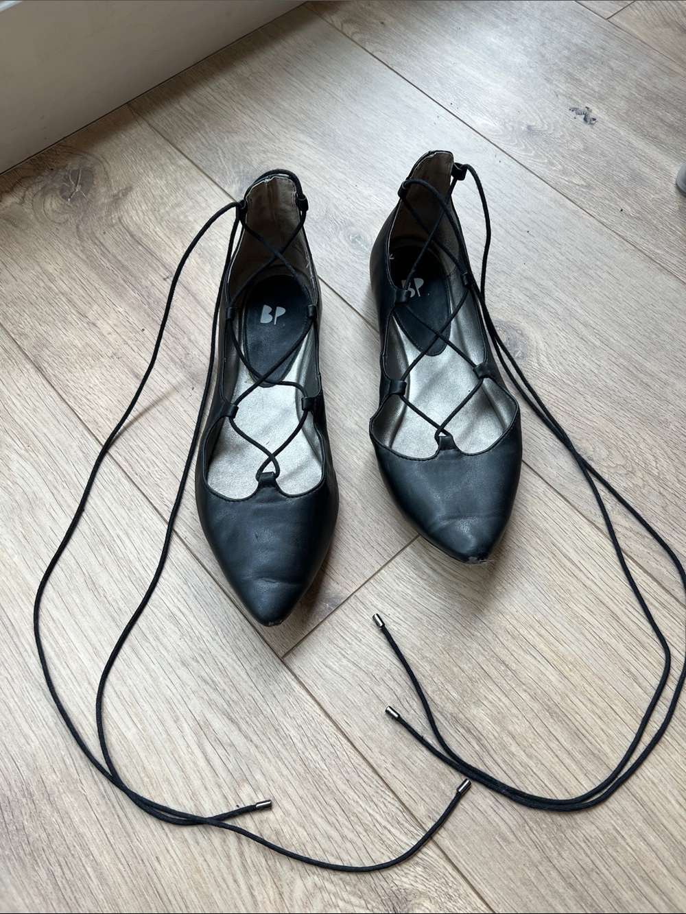 bp Black Lace-Up Pointed Toe Flats with Crisscross Straps